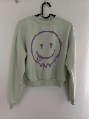 H&M Sage Green Crewneck Sweatshirt with Purple Drip Smiley